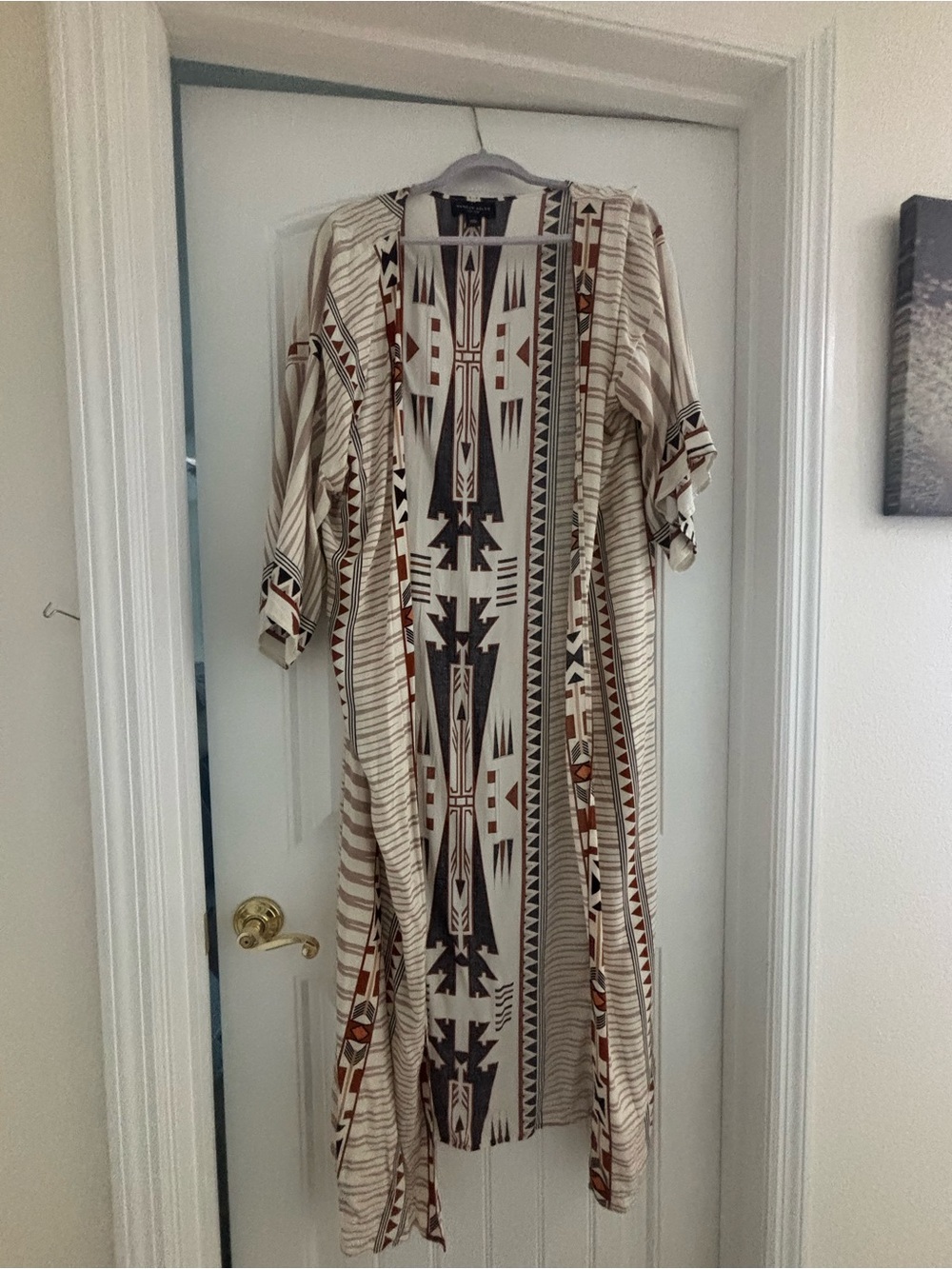 Boho Tribal Print Open Long Kimono - Cream & Rusti